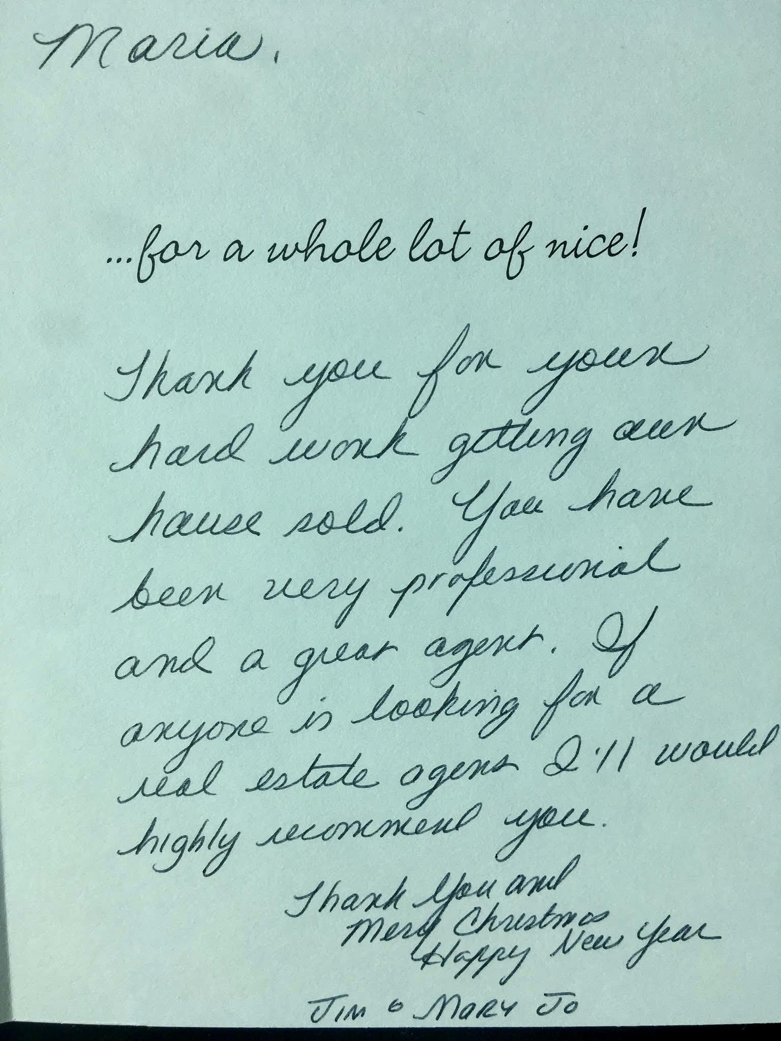 Handwritten client note thanking Maria for her hard work selling their home and recommending her professionalism